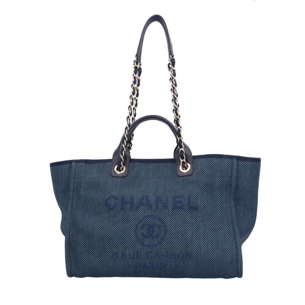 Chanel Deauville GM Straw Shoulder Bag Navy